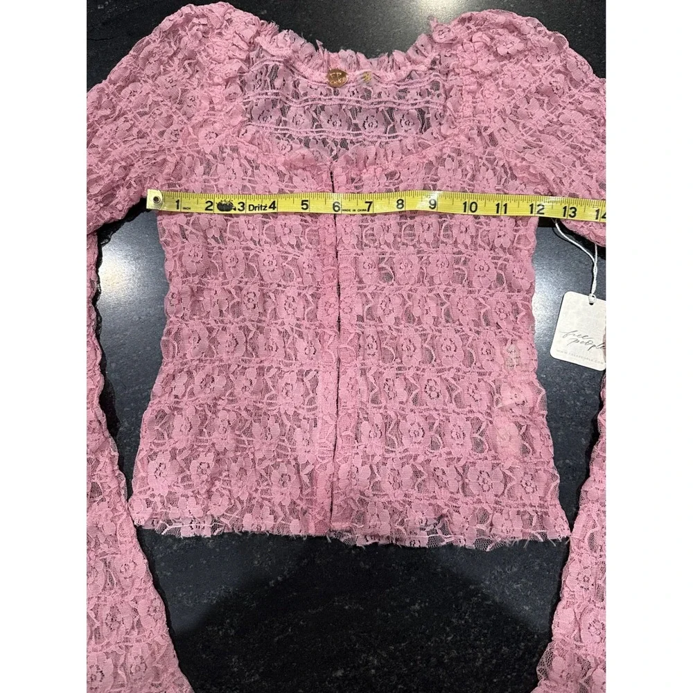 Free People FP One Madison Lace Top Pink Sheer Smocked Bell Sleeve XS‎ NWT